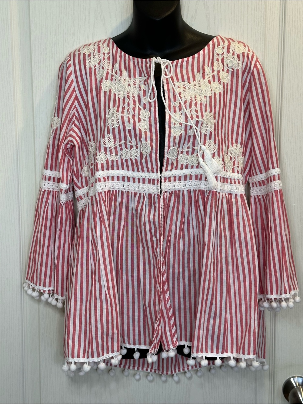 Prairiecore Bell Sleeve Top - Red and White Striped Cotton 3/4 sleeve